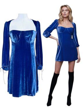 For Love & Lemons Nadine Velvet Mini Dress Royal Blue Bustier M